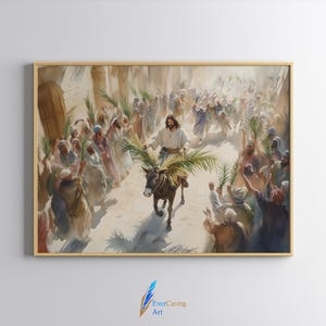 Jesus Riding into Jerusalem, Palm Sunday Holy week Art Print, Jesus Christ Riding on a Donkey Water Color Painting, Easter, Digital Print