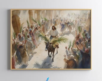 Jesus Riding into Jerusalem, Palm Sunday Holy week Art Print, Jesus Christ Riding on a Donkey Water Color Painting, Easter, Digital Print