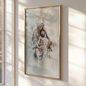 K&ouml;nnte beinhalten: Ein gerahmtes Gem&auml;lde, das eine Frau zeigt, die einen Mann in ihren Armen h&auml;lt. Die Frau tr&auml;gt eine wei&szlig;e Robe und der Mann ist in ein wei&szlig;es Tuch geh&uuml;llt. Das Gem&auml;lde ist vor einem hellgrauen Hintergrund platziert.