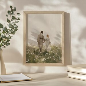 Walk With Me Jesus, Jezus spacerujący z kobietą Sztuka ścienna, Nowoczesna sztuka chrześcijańska, Malarstwo LDS, Obraz Jezusa, Malarstwo biblijne, Wydruk cyfrowy zdjęcie 5
