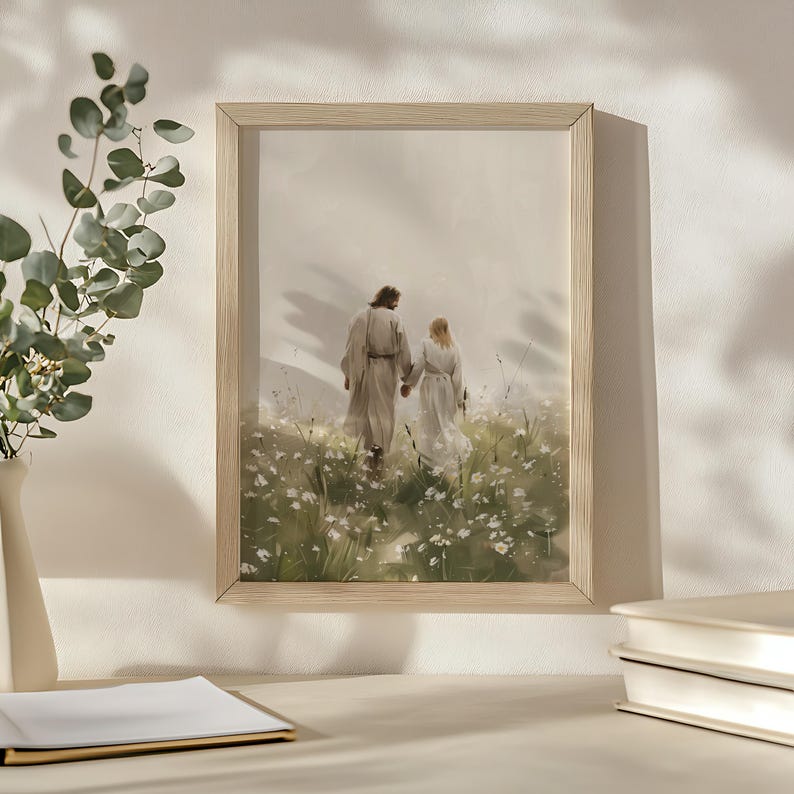 Walk With Me Jesus, Jezus spacerujący z kobietą Sztuka ścienna, Nowoczesna sztuka chrześcijańska, Malarstwo LDS, Obraz Jezusa, Malarstwo biblijne, Wydruk cyfrowy zdjęcie 5