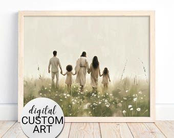 Retrato personalizado de Jesús y su familia, arte mural cristiano personalizado, pintura digital de fe, decoración religiosa para el hogar. Descarga gratuita.