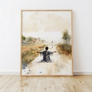 Parábola del hijo pródigo, Lucas 15:11-32, arte de pared con versículo bíblico para imprimir, arte de Jesucristo, arte de pared cristiano sutil en acuarela, impresión digital