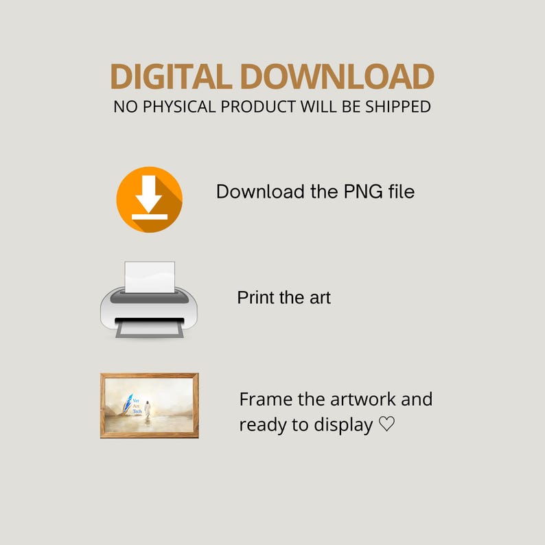 K&ouml;nnte beinhalten: Anleitung zum digitalen Download f&uuml;r einen druckbaren Kunstdruck. Das Bild zeigt ein orangefarbenes Download-Symbol, ein Druckersymbol und einen gerahmten Kunstdruck.
