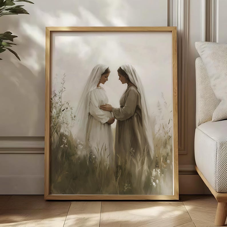 May include: A painting of two women in long white dresses standing in a field of tall grass. The woman on the left is pregnant and holding her stomach. The woman on the right is placing her hand on the pregnant woman's stomach.