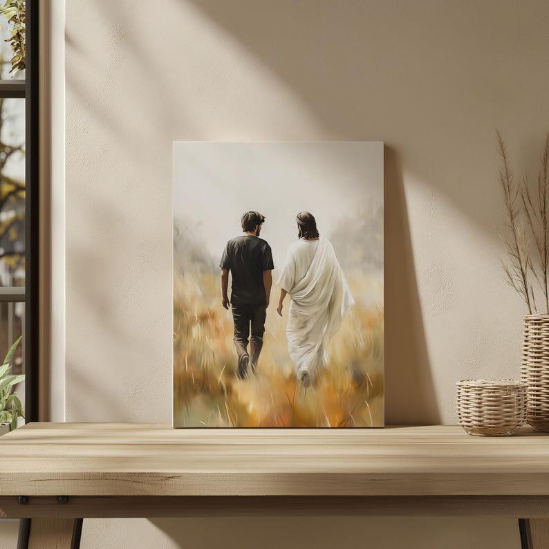 May include: A painting of two figures walking through a field of tall grass. The figure in the front is wearing a white robe and the figure in the back is wearing a black shirt and pants.