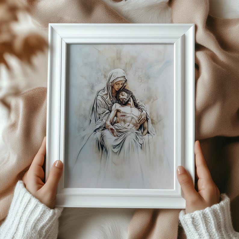 K&ouml;nnte beinhalten: Ein gerahmtes Aquarellbild, das eine Frau zeigt, die einen Mann in ihren Armen h&auml;lt. Die Frau tr&auml;gt eine lange wei&szlig;e Robe und der Mann ist in ein wei&szlig;es Tuch geh&uuml;llt. Das Bild ist vor einem hellgrauen Hintergrund gemalt.