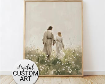 Arte personalizzata, Cammina con me Gesù, Gesù che cammina con una donna, Arte cristiana moderna, Dipinto LDS, Immagine di Gesù, Stampa digitale