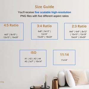 May include: A size guide for digital art prints, showing five different aspect ratios: 4:5, 3:4, 2:3, ISO, and 11:14. The guide includes common print sizes for each ratio, such as 4x5 inches, 8x10 inches, 12x16 inches, and 16x20 inches.