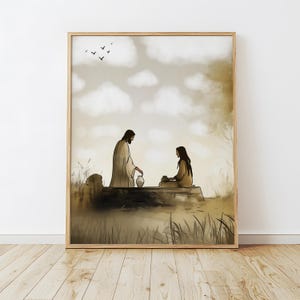 Woman At the Well, Jesus and Samaritan Woman Art, John 4, Christian Modern Art Print, Bible Verse Wall Art Decor Printable, Digital Download