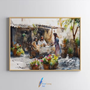 Può includere: Dipinto ad acquerello incorniciato in una cornice dorata raffigurante una scena biblica con figure riunite attorno a un tavolo. L'opera d'arte presenta toni caldi, con piante in vaso e un edificio rustico sullo sfondo. Il dipinto è firmato "EverCaring Art".