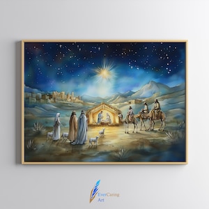 Nativity Painting, Birth of Jesus Art, Holy Family Painting, Star of Bethlehem, Joseph Virgin Mary and Baby Jesus, Christmas Christian Art