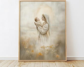 聖母マリアと眠る幼子イエスのカトリックキャンバス壁アート、キリスト