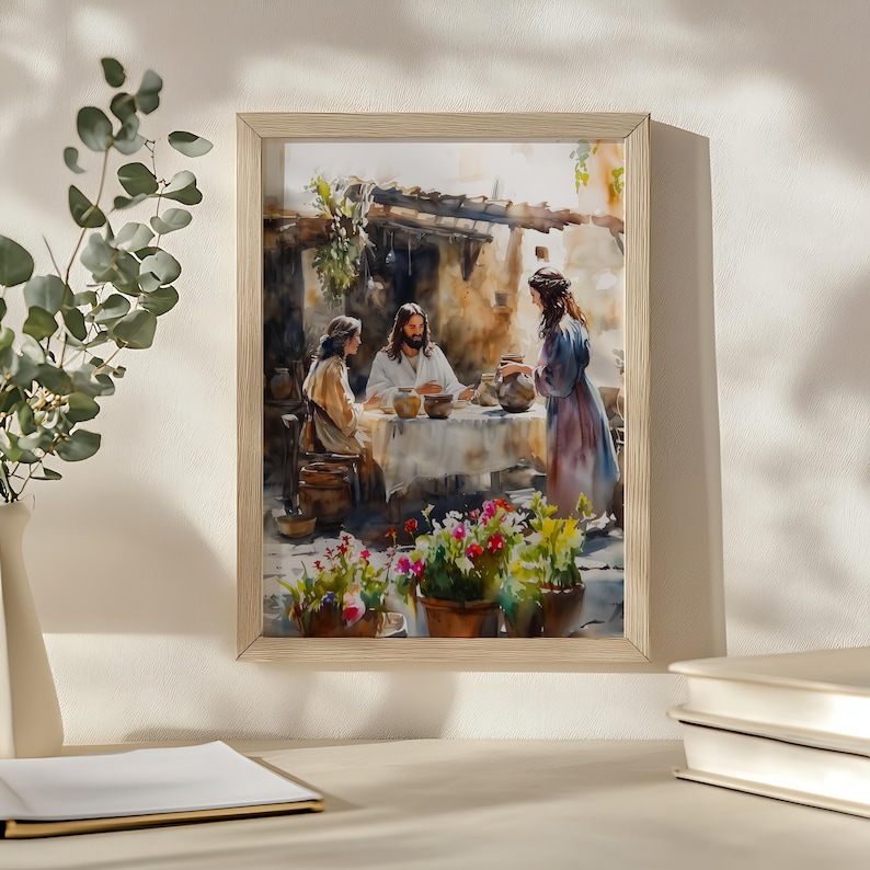 May include: A watercolor painting depicting a scene of Jesus sitting at a table with two women. The scene is set in a rustic outdoor setting with a stone wall and a wooden roof. The women are dressed in long robes, and Jesus is wearing a white robe. There are flowers in pots in the foreground.