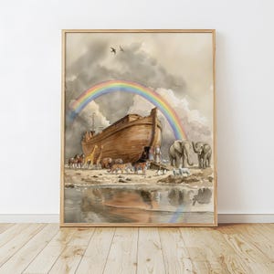Op de afbeelding: Aquarel schilderij van de Ark van Noach met een regenboog, dieren en figuren. De houten ark is het middelpunt, met een regenboog eroverheen. Verschillende dieren, waaronder giraffen, olifanten en tijgers, zijn afgebeeld. Het kunstwerk is ingelijst.
