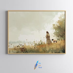 May include: A watercolor painting of a person in a long robe walking through a field with a sheep. The background is a soft, muted green and brown.
