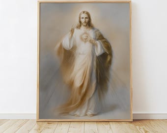 Sacred Heart of Jesus, Beige Gold Art Gift, Digital Download, Catholic Religious Wall Art, Christian Home Decor, Instant Printable Artwork