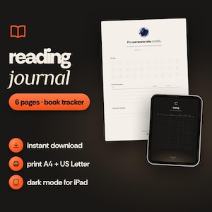 Könnte beinhalten: Ein digitales Lesejournal-Set mit einer weißen Seite mit dem Text I'm someone who reads und einem Tablet, das ein Buchprotokoll im Dunkelmodus anzeigt. Das Layout umfasst einen 6-seitigen Buch-Tracker, Sofort-Download und A4-Format.