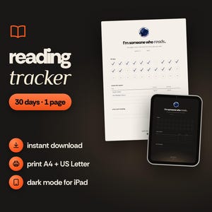 Könnte beinhalten: Eine digitale Lesetracker-Vorlage mit einem 30-Tage-Fortschrittsdiagramm, einer Bücherliste und dem Text I'm someone who reads. Das Set enthält eine weiße druckbare Version und eine dunkle Version für die Verwendung auf Tablets.