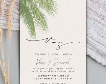 Boho Palm Leaf Wedding Invitation Template: Minimalist Tropical Design (PDF Download)