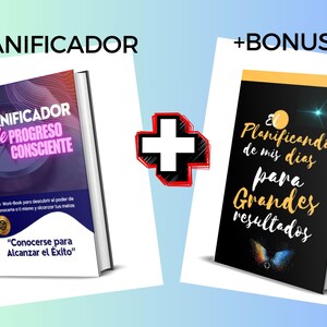 Puede incluir: Dos portadas de libros con un signo más en el medio. El libro de la izquierda es azul y blanco con el texto "Planificador de Progreso Consciente" y el texto "Conocerse para Alcanzar el Exito". El libro de la derecha es negro con una estrella amarilla y el texto "El Planificandor de mis dias para Grandes resultados".