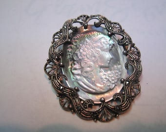 Elegant 925 Silver Cameo Pendant with Marcasite Stones-Vintage Mother of Pearl Abalone.