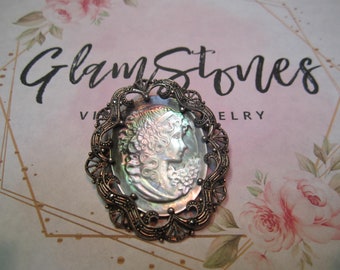 Elegant 925 Silver Cameo Pendant with Marcasite Stones-Vintage Mother of Pearl Abalone.