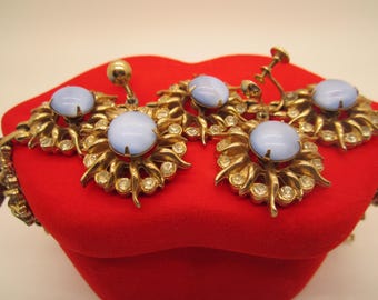 Vintage Floral Designed Faux Baby Blue Moonstone and Crystal Rhinestone Accented Bracelet and Earrings Set- Classic Vintage Set, Great Gift.