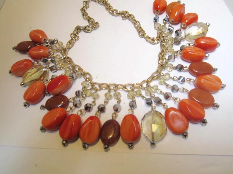 Collier De Perles Ancien En Cristal De Bohême Irisé Orange - Vintage - Laiton