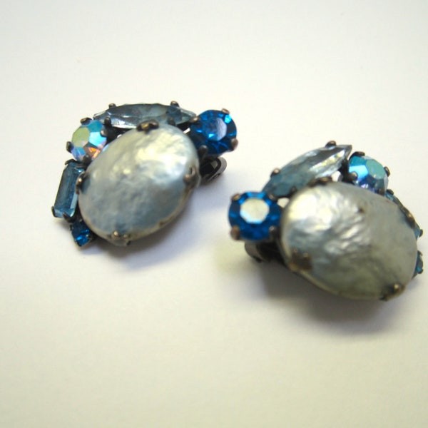 Classic Vintage Weiss Earrings with Blue Accents and Pearls.