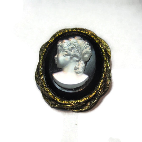 Vintage Black and White Victorian Revival -Left Facing Cameo with Intricate Detail.