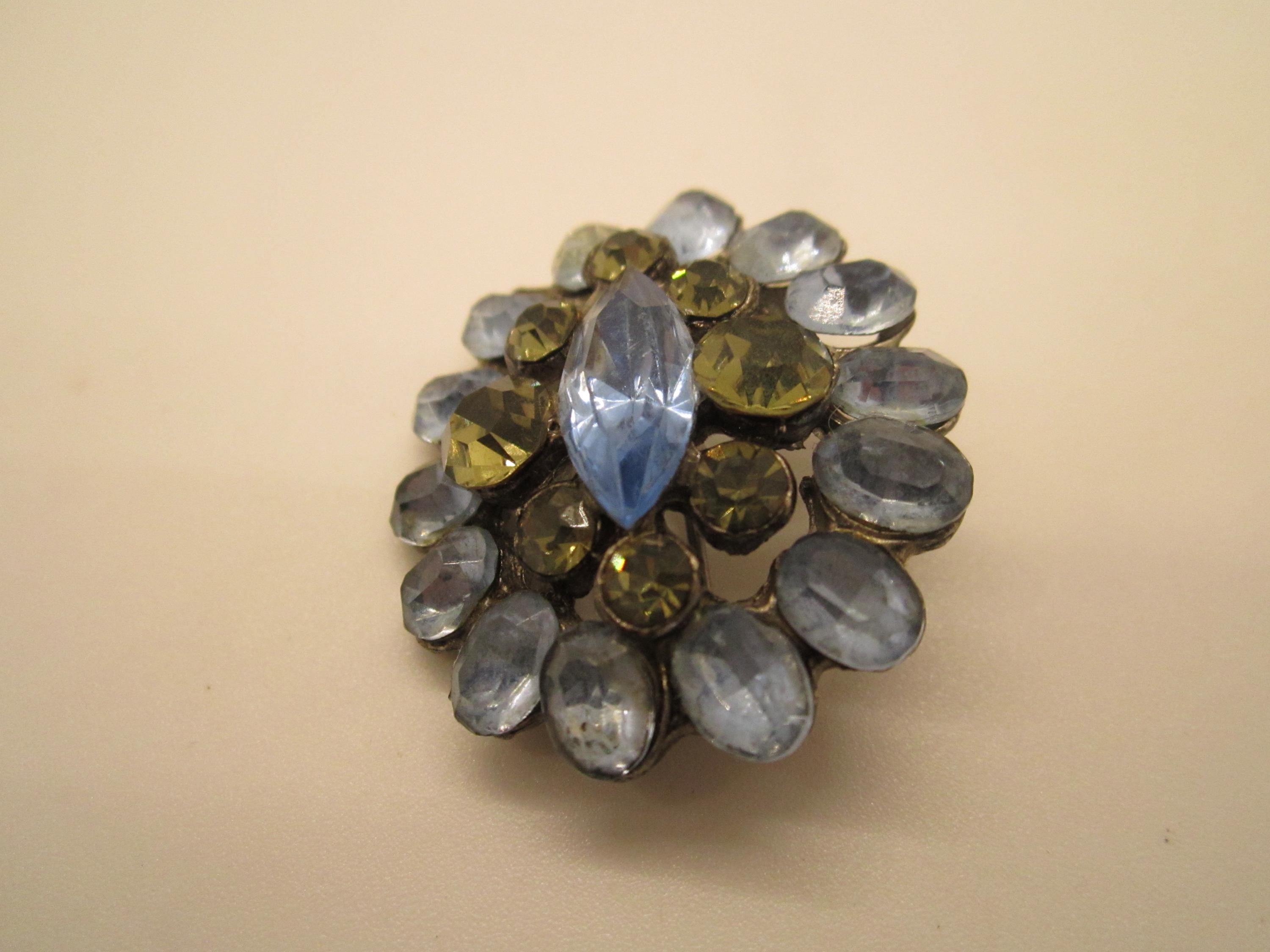 Broche Ancienne En Métal Et Cristal Bleu - Bijou Vintage - Occasion