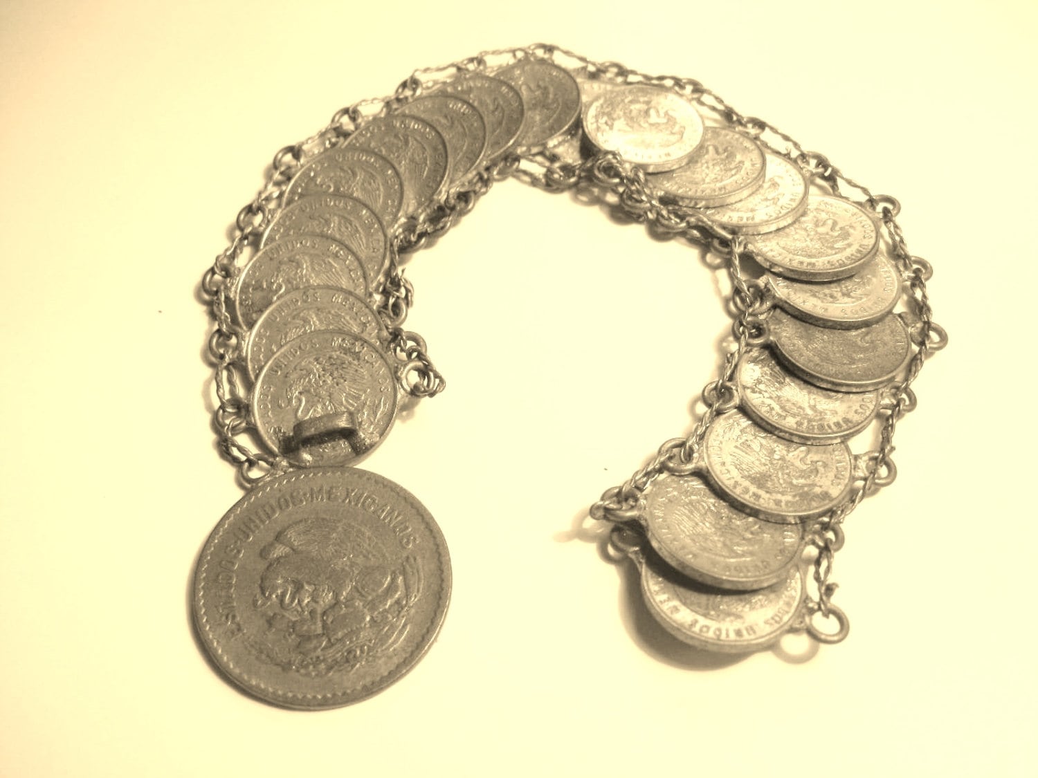 Classic Vintage Mexican Coin Bracelet-Statement Ethnic Piece-Hanging Coin 1942-Bracelet Coins 1960's-Eye Catching Unique Piece.