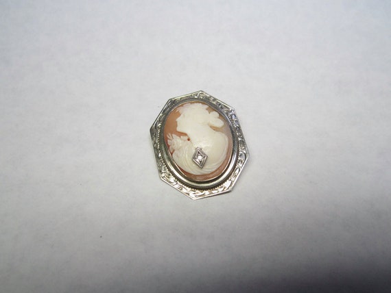 Vintage 10k White Gold Cameo brooch with Delicate… - image 1