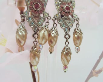 Vintage Kirks Folly Ornate Earrings, Pink Crystal Accents with AB rhinestones and Faux Pears Drop Clip ons, Signed and Very Flashy!