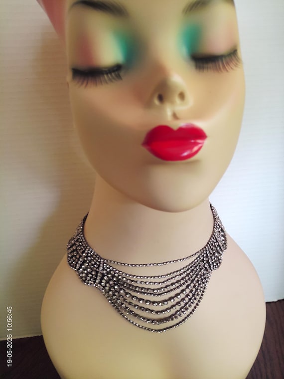 Vintage Multi-Stranded Rhinestone Bib Necklace Choker.