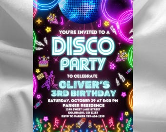 Editable Disco Birthday Invitation: Neon Dance Party Template (Digital)