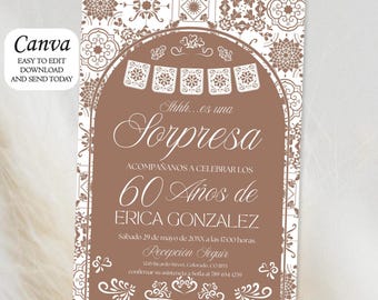 Invitación de cumpleaños de Talavera: Sorpresa en terracota, plantilla editable de Canva (descarga digital, 13 x 18 cm)