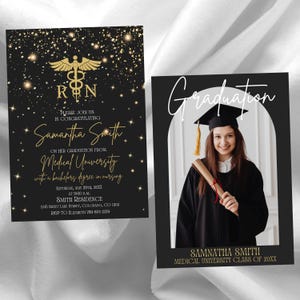 Editable Nursing Graduation Invitation, Nursing Graduation Invitation with Photo, Gold & Black, Registered Nurse Invitation, RN invitation