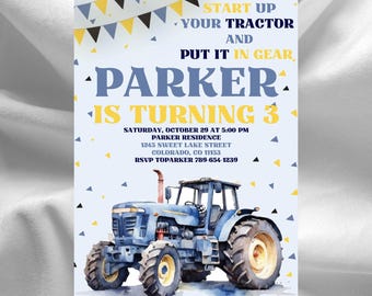 Blue Tractor Birthday Invitation Template (Digital Download)