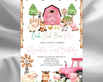 May include: A pink and white farm-themed first birthday invitation with a red barn, a pink tractor, and farm animals. The text reads "Oink, Cluck, Baa, Moo" and "Elizabeth's First Birthday".