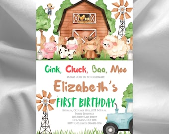 May include: A colourful invitation for a first birthday party with a farm theme. The invitation features a red barn, a windmill, a tractor, and farm animals. The text on the invitation reads "Gink, Cluck, Baa, Moo, Please join us to celebrate Elizabeth's First Birthday, Saturday, October 29th, 20XX 8:00 PM, Parker Residence, 1245 Sweet Lake Street, Colorado, CO 11153, RSVP to Elizabeth 789-654-1239."