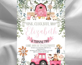 Greenery Girl Farm 2nd Birthday Invitation: Pink Tractor (Digital Download)