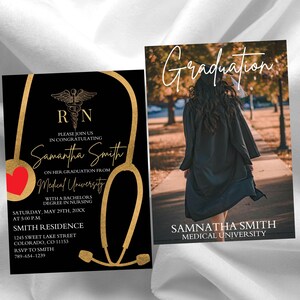 Editable Graduation party Invitation, Nursing Graduation Invitation with Photo, Gold Registered Nurse Invitation, RN invitation Template