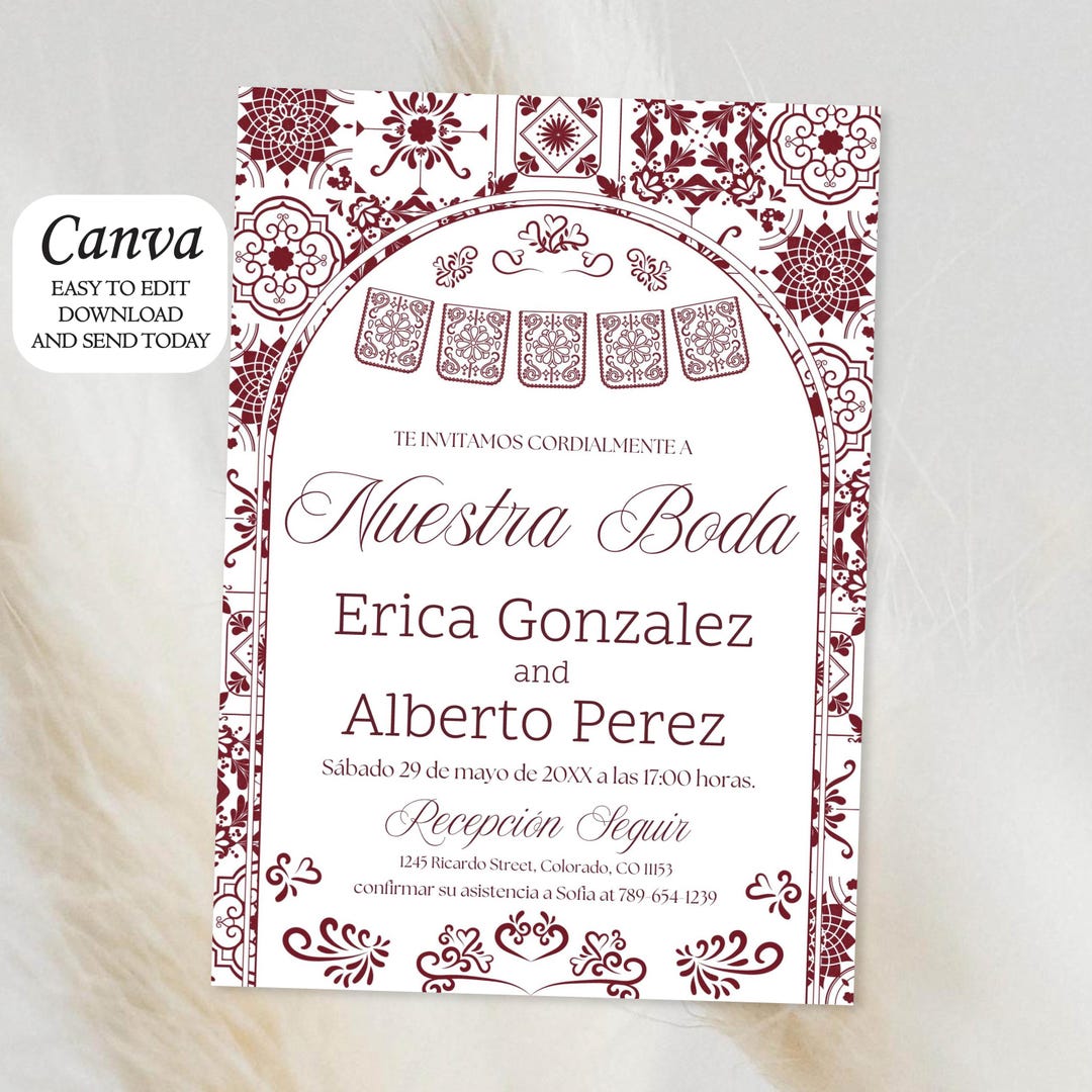 Burgundy Wedding Invitation: Mexican Papel Picado Design Template ...