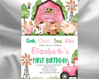 May include: A pink and green farm-themed first birthday invitation with a red barn, a pink tractor, and farm animals. The text reads "Gink, Cluck, Baa, Moo, Please join us to celebrate Elizabeth's First Birthday, Saturday, October 29th, 20XX 8:00 PM, Parker Residence, 1245 Sweet Lake Street, Colorado, CO 11153, RSVP to Elizabeth 789-654-1239."