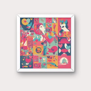 Puede incluir: Un collage abstracto colorido con un diseño de patchwork que presenta corazones, pájaros, peces y formas geométricas en tonos de rosa, azul, amarillo y verde.