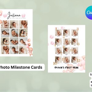 Carte d'étape photo rose bébé ours, téléchargement numérique, modifiable, toile, imprimable, étape d'anniversaire, premier anniversaire