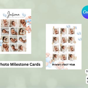 Carte d'étape photo bleu bébé ours, téléchargement numérique, modifiable, toile, imprimable, étape d'anniversaire, premier anniversaire
