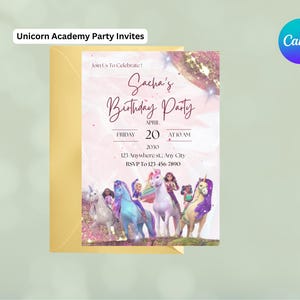 Faire-part d'anniversaire pour enfants en pierre gemme licorne Academy, personnalisé, téléchargement immédiat, modifiable, imprimable, modèle sur toile